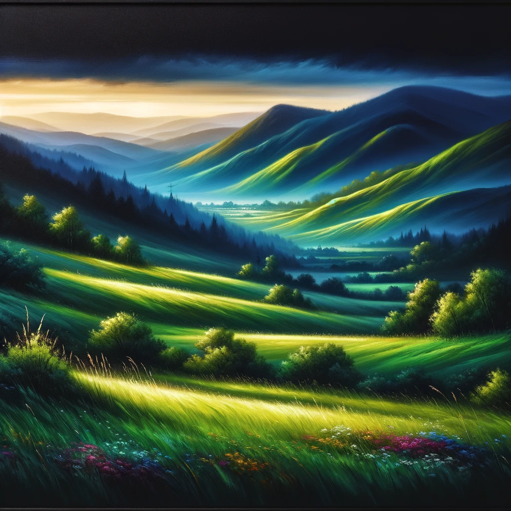 Landscape, featuring rolling hills in the background with a detailed meadow in the foreground.